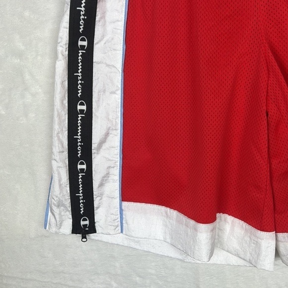 Champion Red Mesh Side Zippers White Waist Logo Oversized Basketball Shorts - Picture 6 of 16